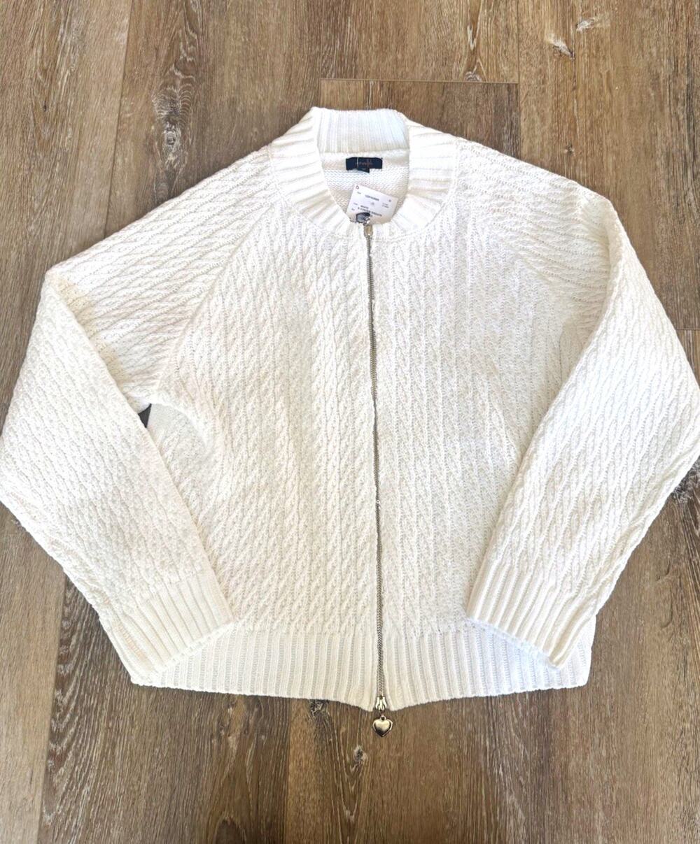 ontWealth Cable-Knit Mock Neck Full Zip Sweater Heart Pull White Womens L